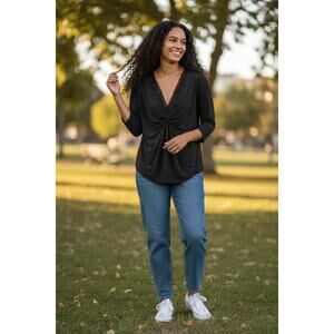 Versa Villes Black Draped Front Top 3/4 Sleeve Soft Stretch Blouse Woman 1X